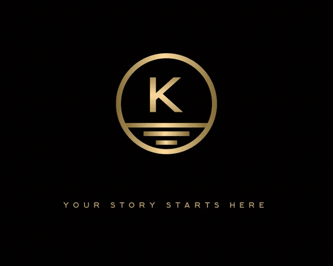 A gold logo with the letter k in it.